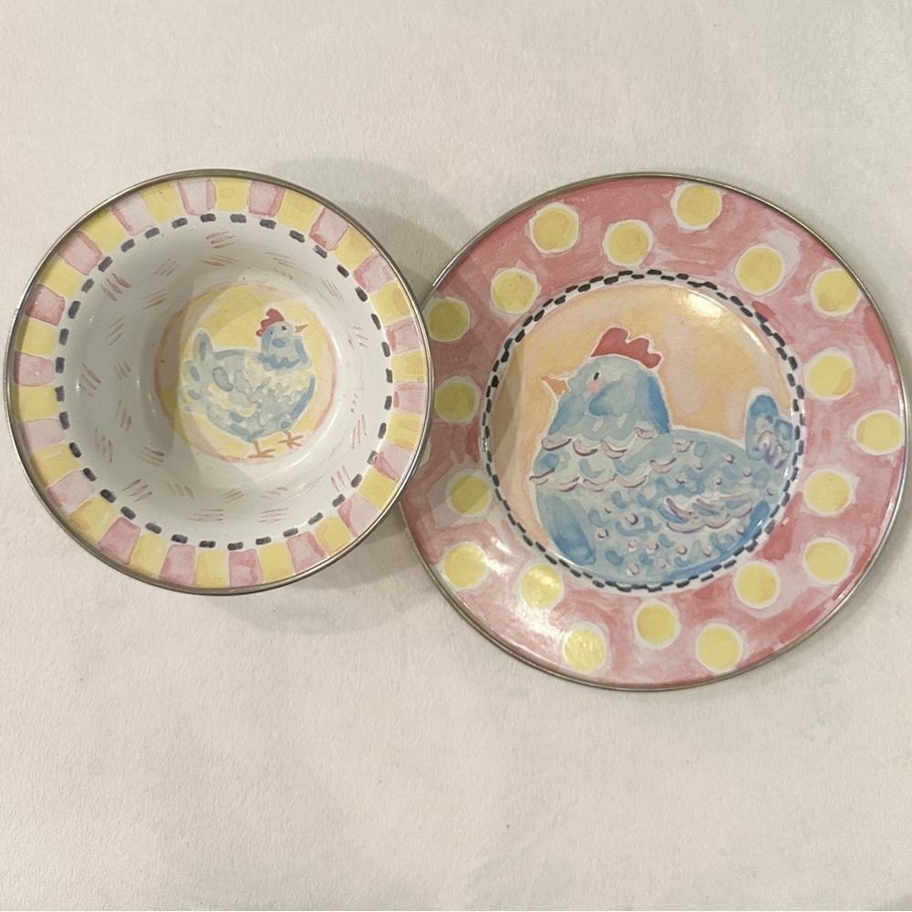 Mackenzie Childs Pink Yellow Blue CHICKEN Baby Plate & Bowl Set Child Girl Boy
